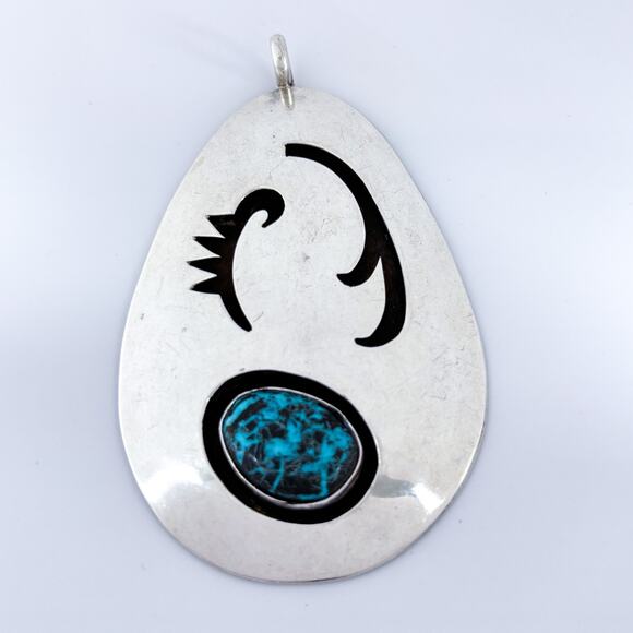 Vintage Sterling Silver Navajo Shadowbox Pendant | Turquoise Statement Jewelry - Picture 3 of 8